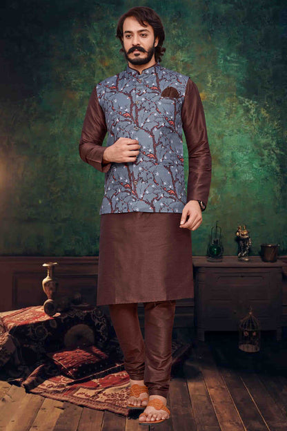 Brown Colour Kurta Pajama With Jacket In Art Silk VSKP1210316