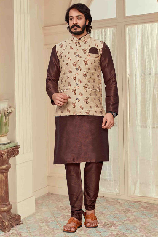 Brown Colour Kurta Pajama With Jacket In Art Silk VSKP1210341