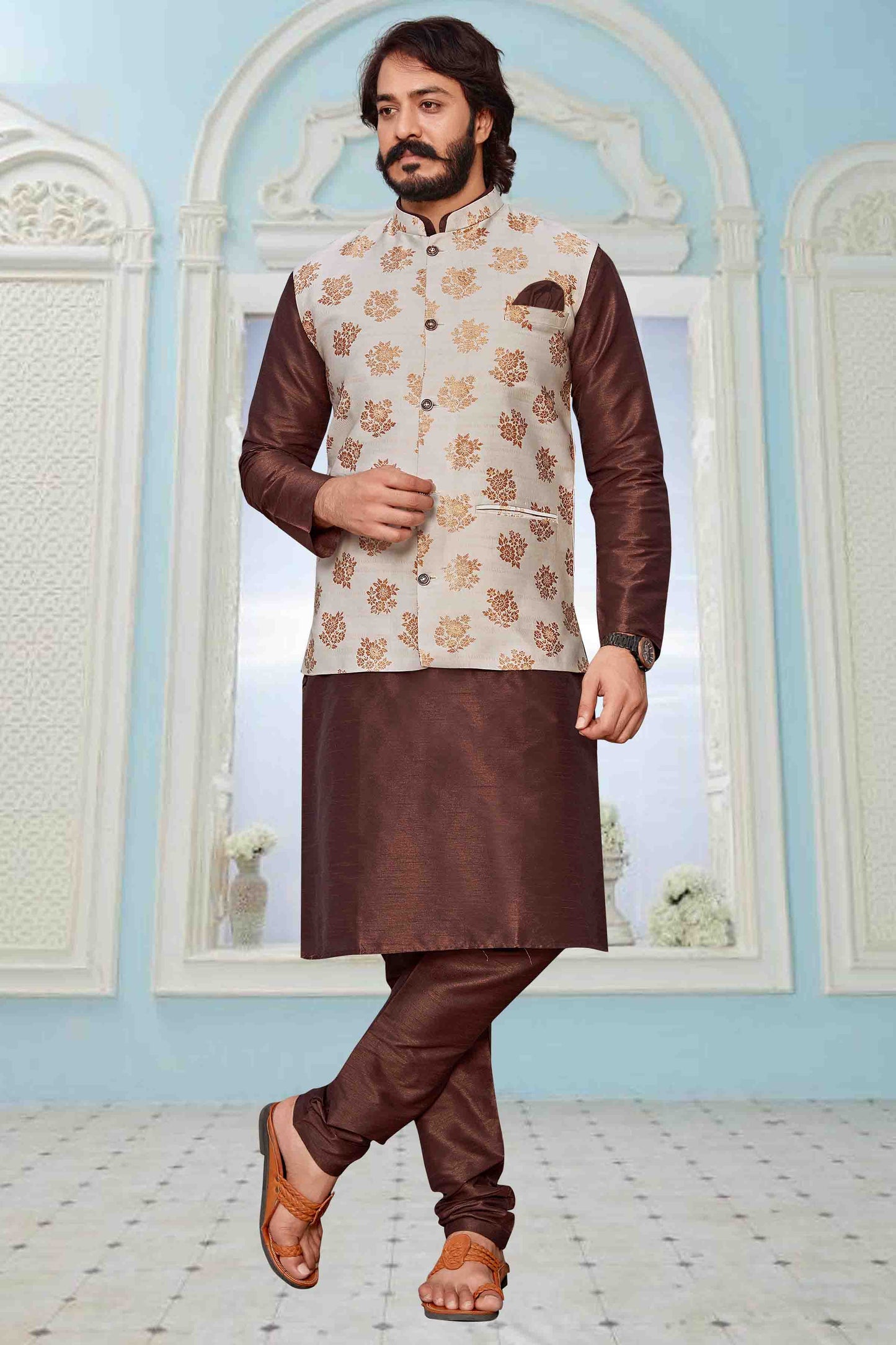 Brown Colour Kurta Pajama With Jacket In Art Silk VSKP1210342