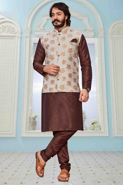 Brown Colour Kurta Pajama With Jacket In Art Silk VSKP1210342