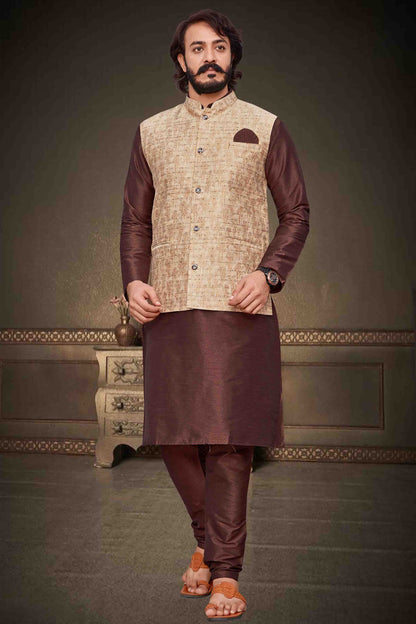 Brown Colour Kurta Pajama With Jacket In Art Silk VSKP1210358