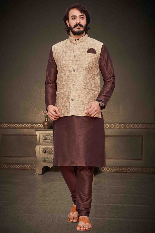 Brown Colour Kurta Pajama With Jacket In Art Silk VSKP1210358