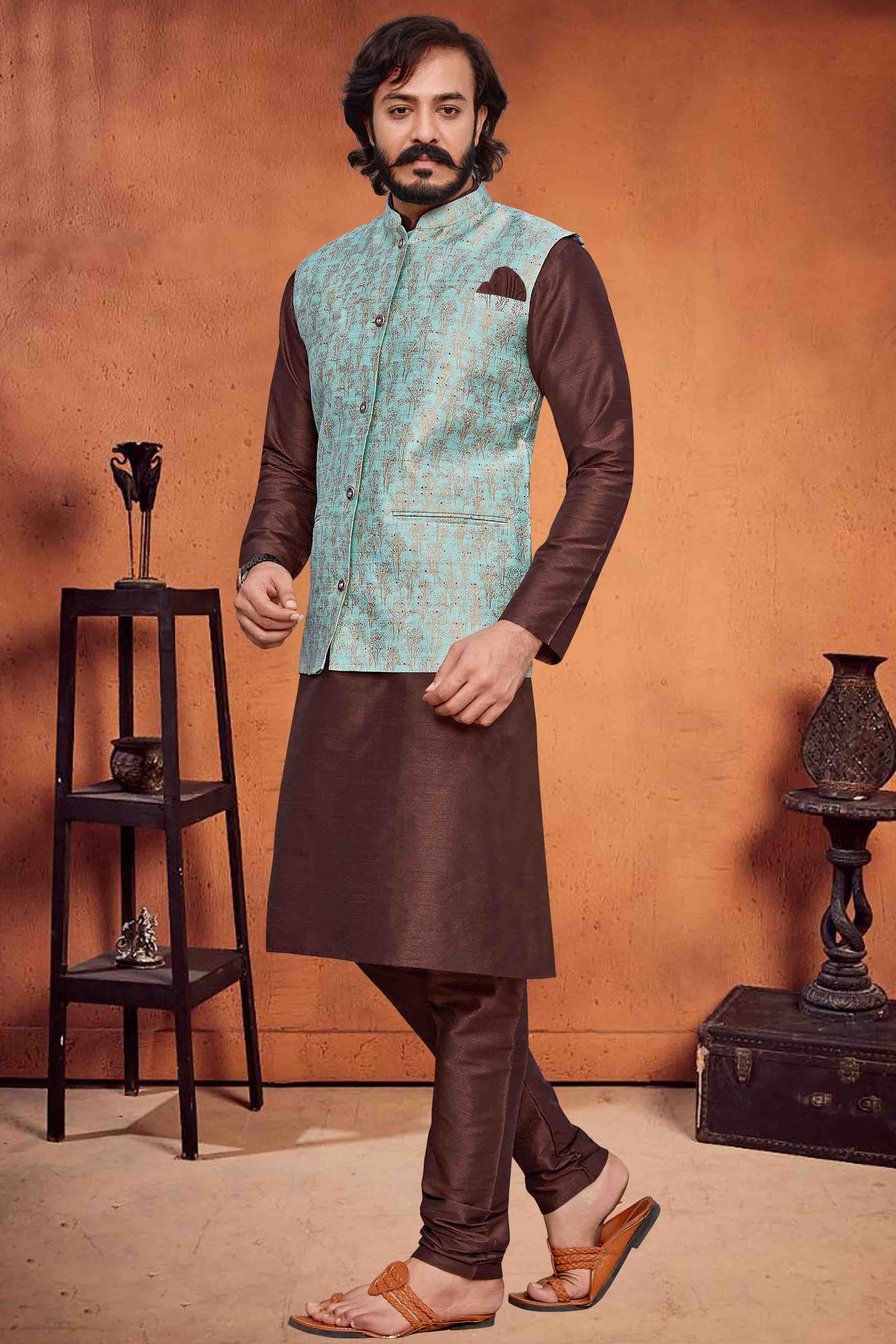 Brown Colour Kurta Pajama With Jacket In Art Silk VSKP1210359