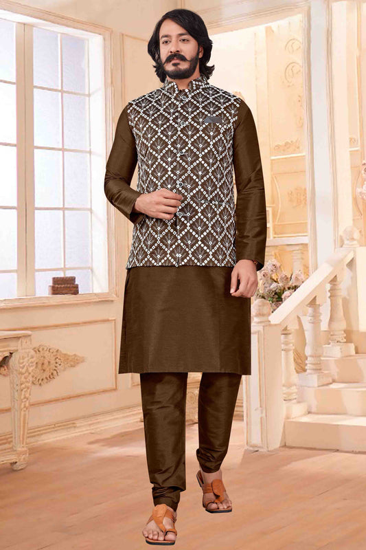 Brown Colour Kurta Pajama With Jacket In Art Silk VSKP1210387