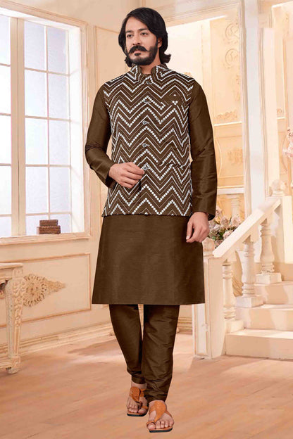 Brown Colour Kurta Pajama With Jacket In Art Silk VSKP1210408