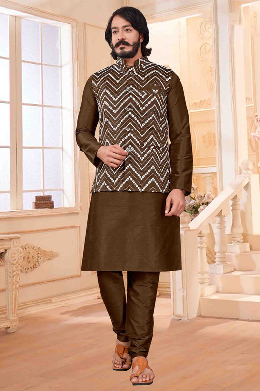 Brown Colour Kurta Pajama With Jacket In Art Silk VSKP1210408