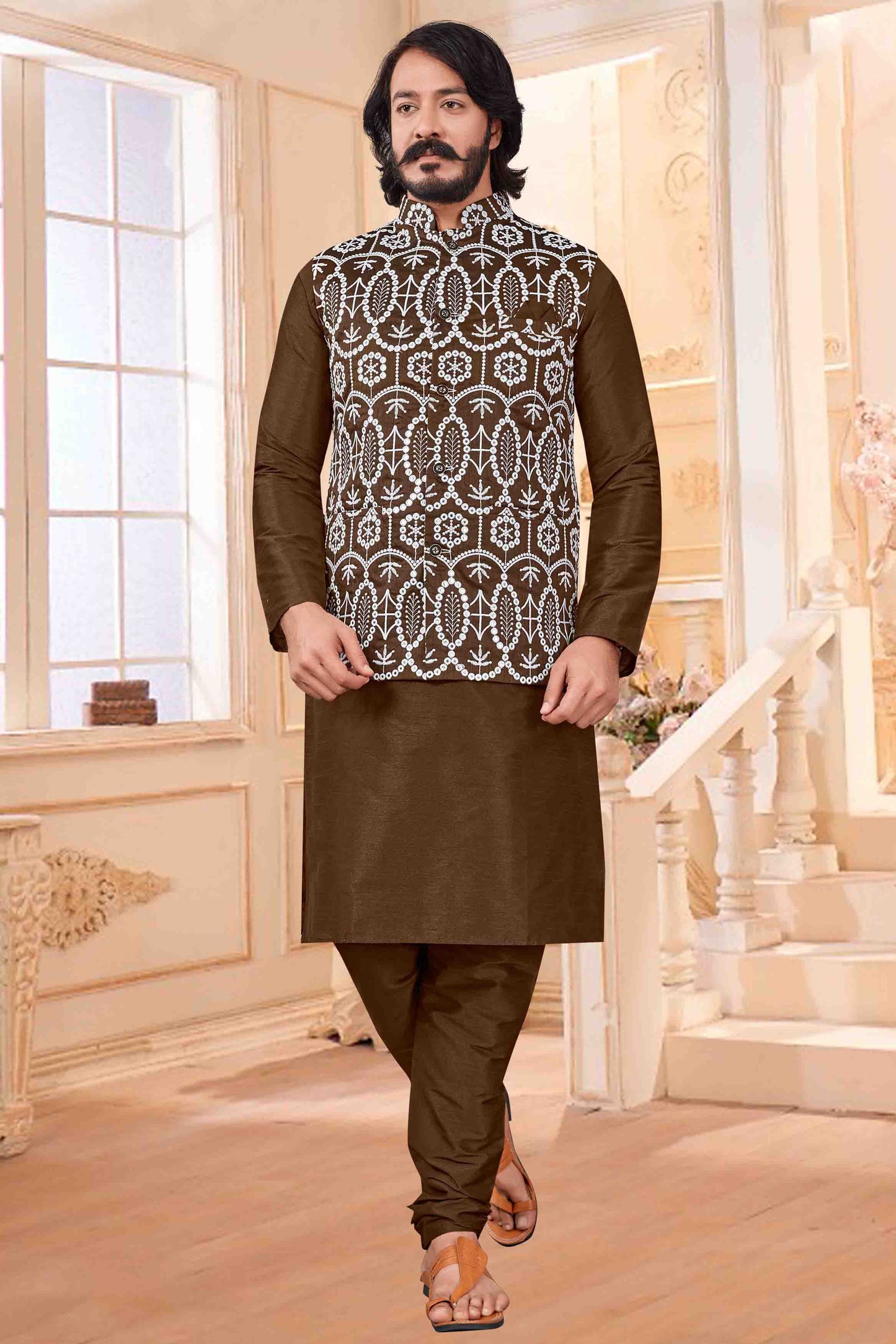 Brown Colour Kurta Pajama With Jacket In Art Silk VSKP1210423