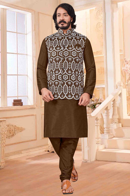 Brown Colour Kurta Pajama With Jacket In Art Silk VSKP1210423