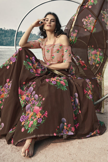 Brown Colour Organza Printed Lehenga Choli VSLC1080633