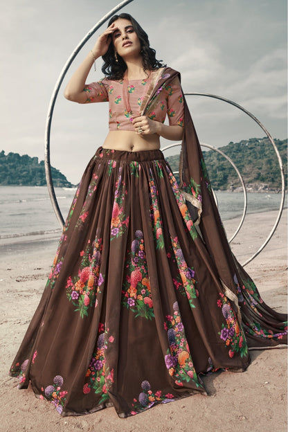 Brown Colour Organza Printed Lehenga Choli VSLC1080633