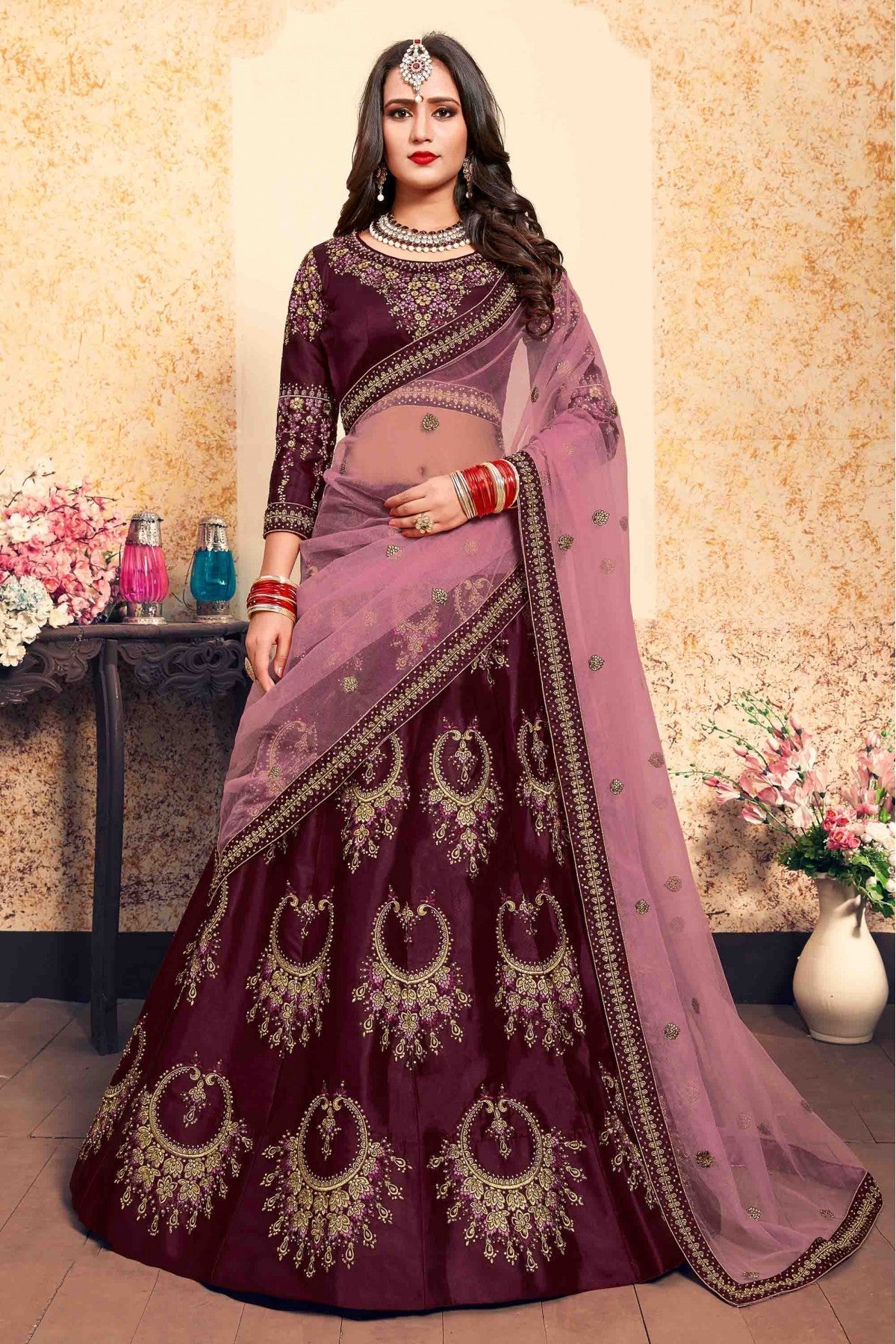 Brown Colour Satin Embroidery Lehenga Choli VSLC1080200