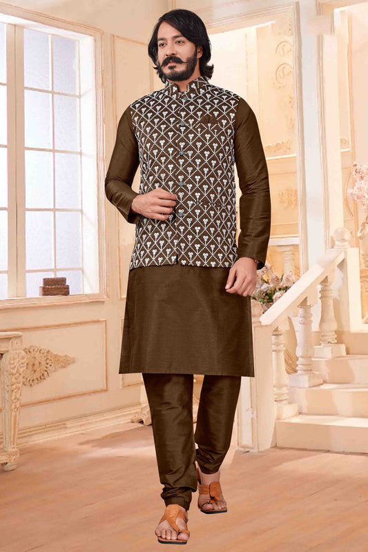 Coffee Colour Kurta Pajama With Jacket In Art Silk VSKP1210364