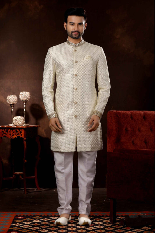 Cream Colour Art Silk Sherwani VSSH1040370