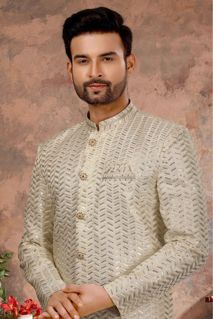 Cream Colour Art Silk Thread Work Sherwani VSSH1040345