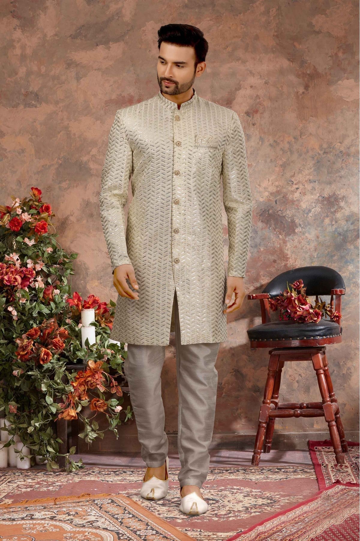 Cream Colour Art Silk Thread Work Sherwani VSSH1040345