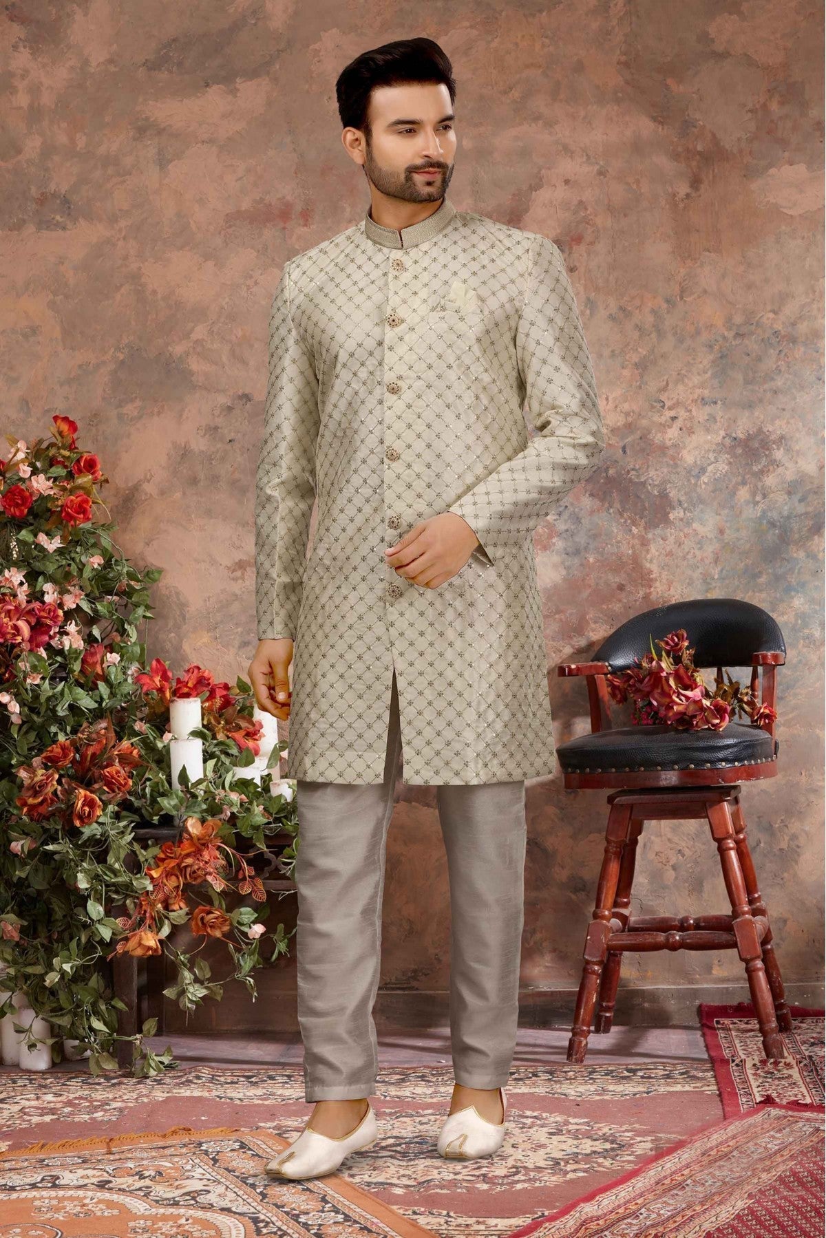 Cream Colour Art Silk Thread Work Sherwani VSSH1040351