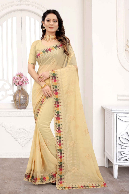 Cream Colour Georgette Embroidery Saree VSSD1090281
