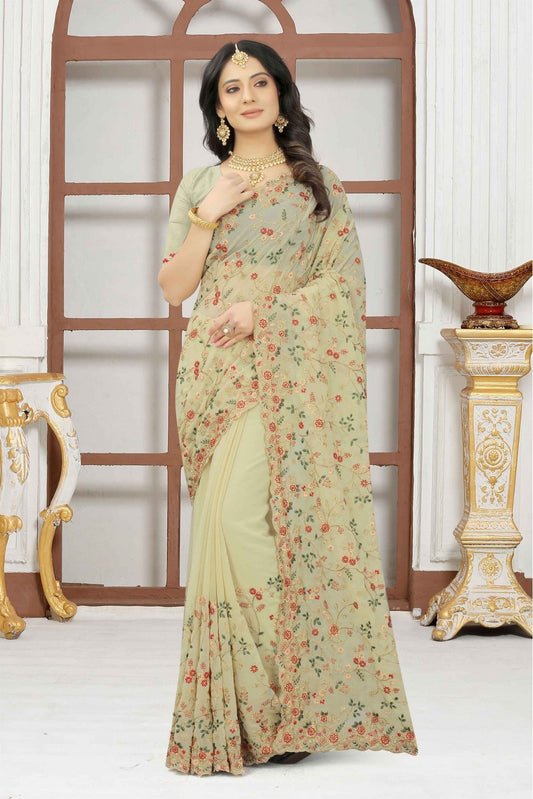 Cream Colour Georgette Embroidery Saree VSSD1090319