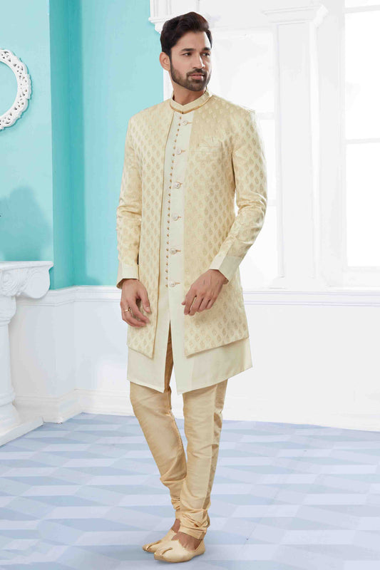 Cream Colour Indo Western In Banarasi Jacquard Fabric VSSH1040426