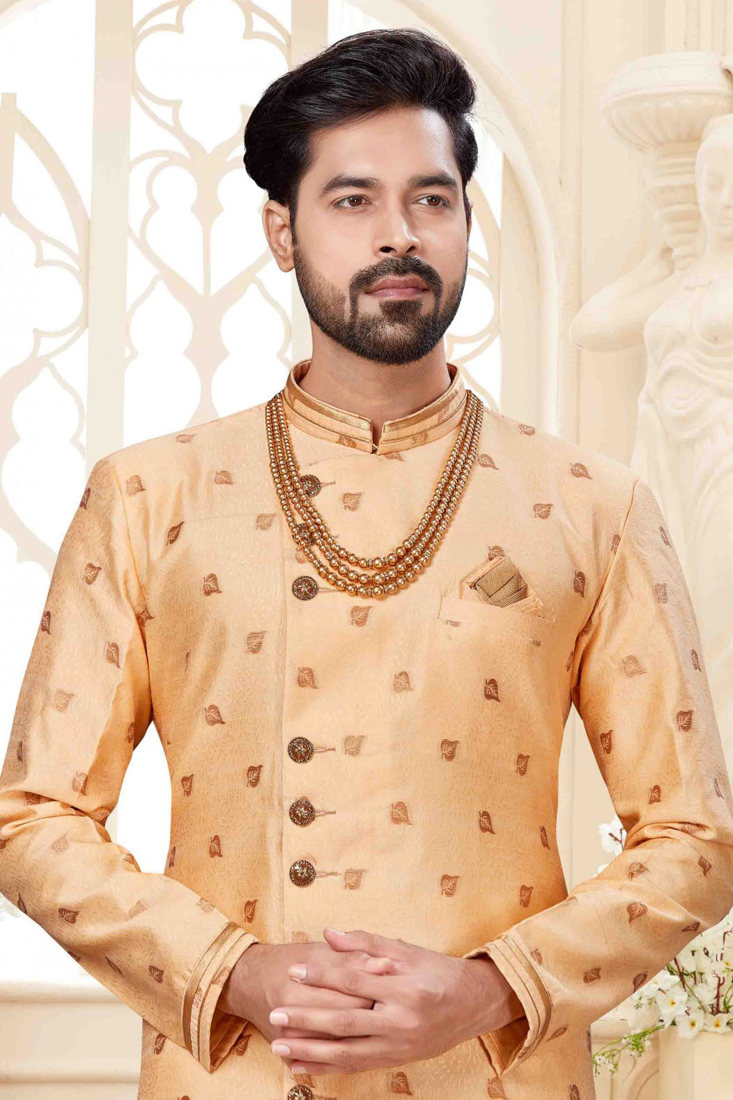 Cream Colour Jacquard Dhoti Sherwani VSSH1040245