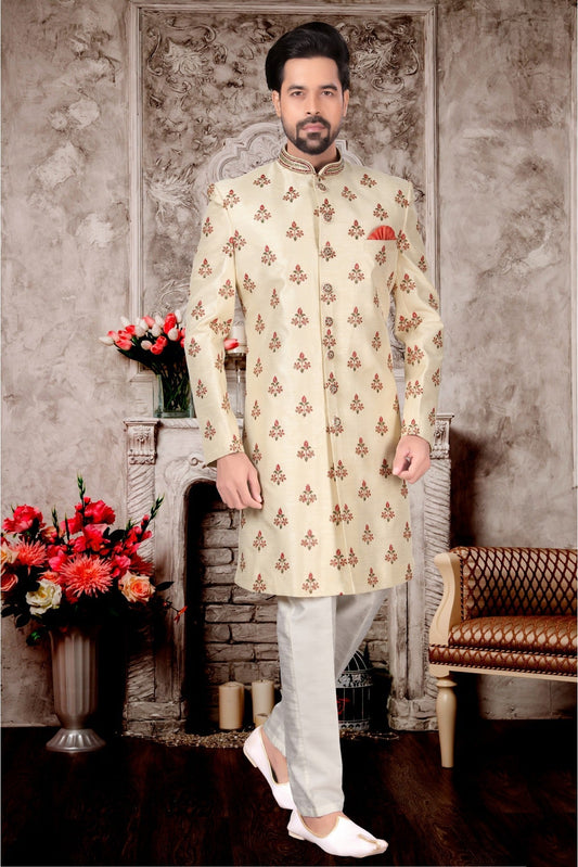 Cream Colour Jacquard Sherwani VSSH1040279