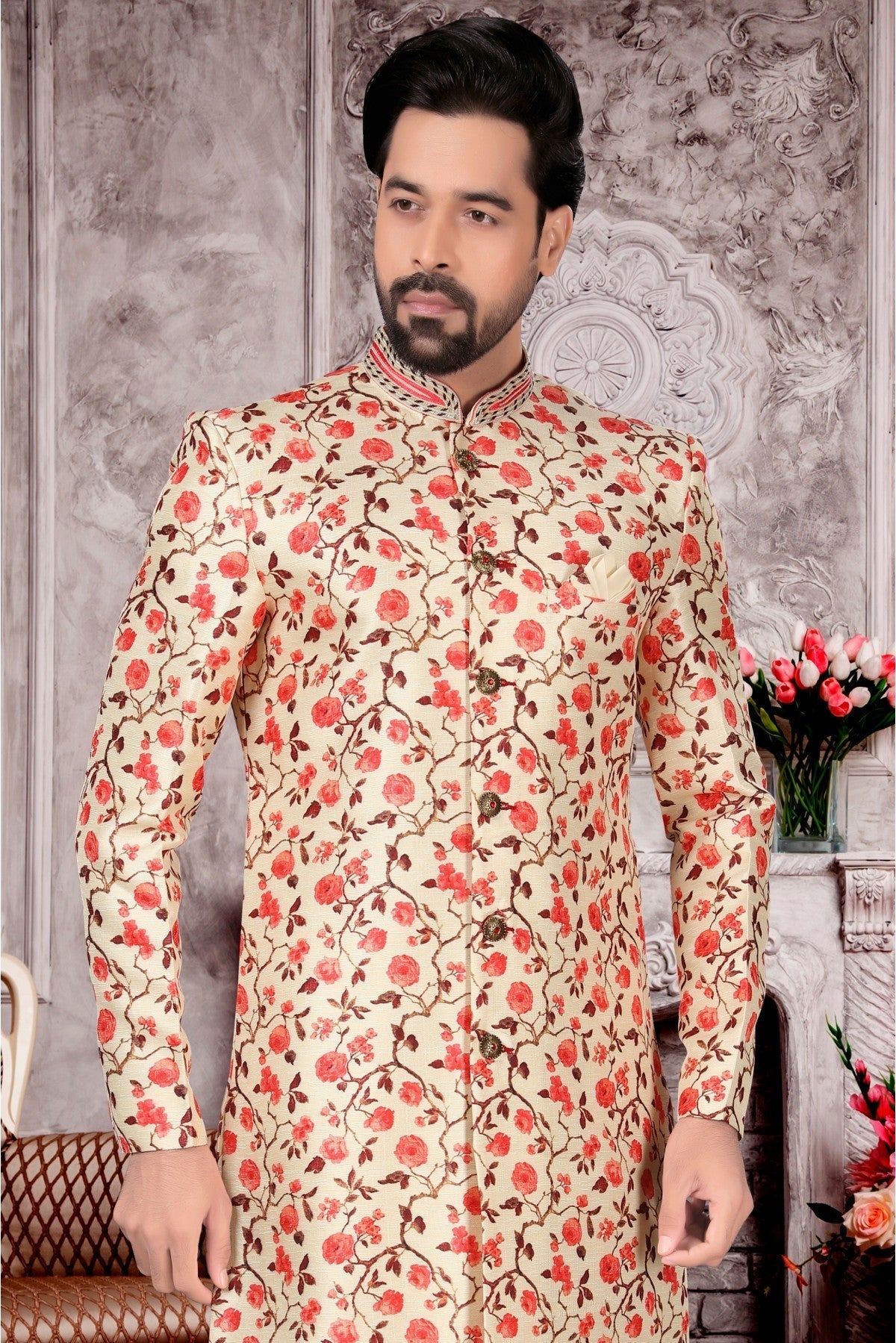 Cream Colour Jacquard Sherwani VSSH1040300