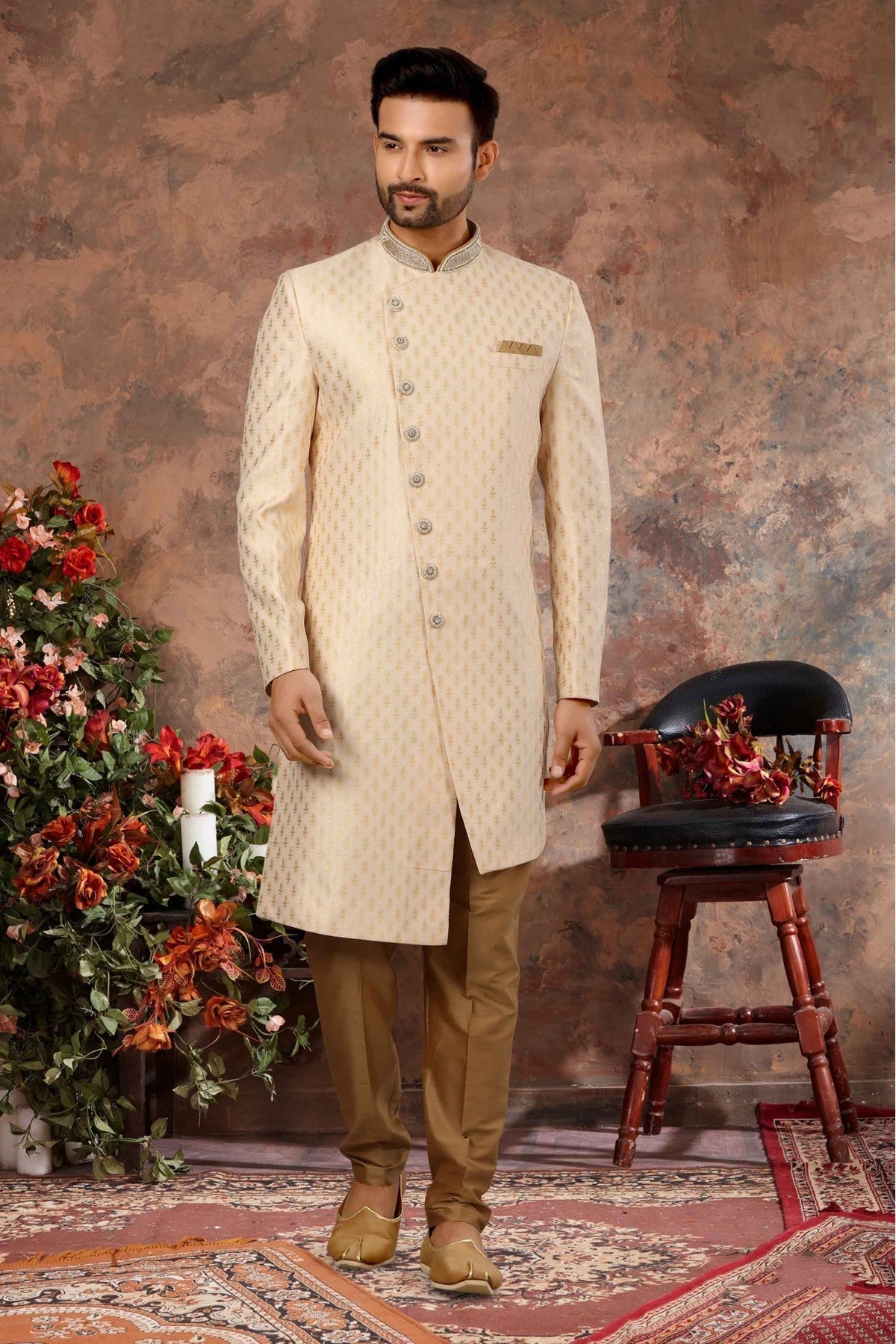 Cream Colour Jacquard Woven Sherwani VSSH1040316