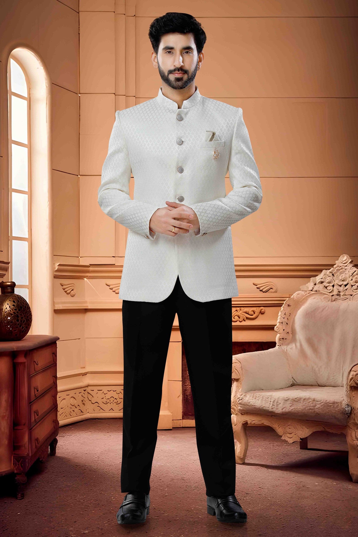 Cream Colour Jodhpuri In Jacquard Fabric VSJP1130168