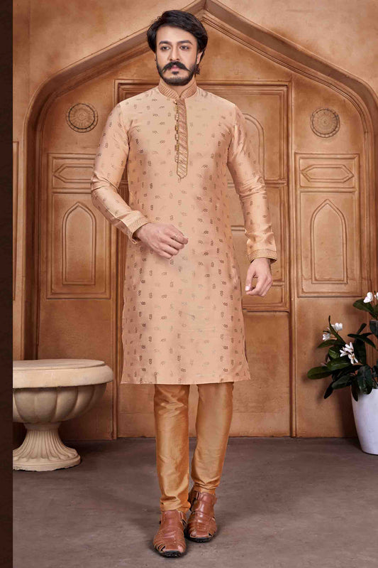 Cream Colour Kurta Pajama In Jacquard Silk VSKP1210063