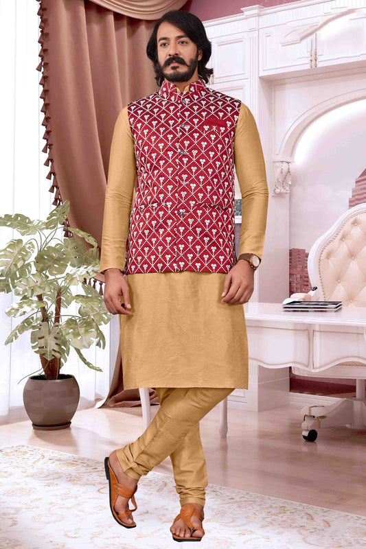 Cream Colour Kurta Pajama With Jacket In Art Silk VSKP1210370