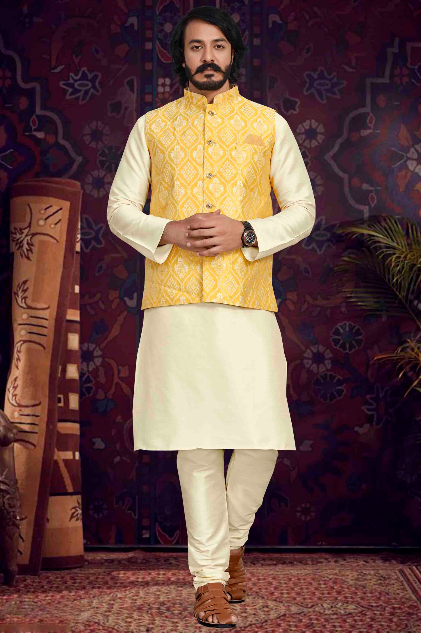 Cream Colour Kurta Pajama With Jacket In Art Silk VSKP1210493
