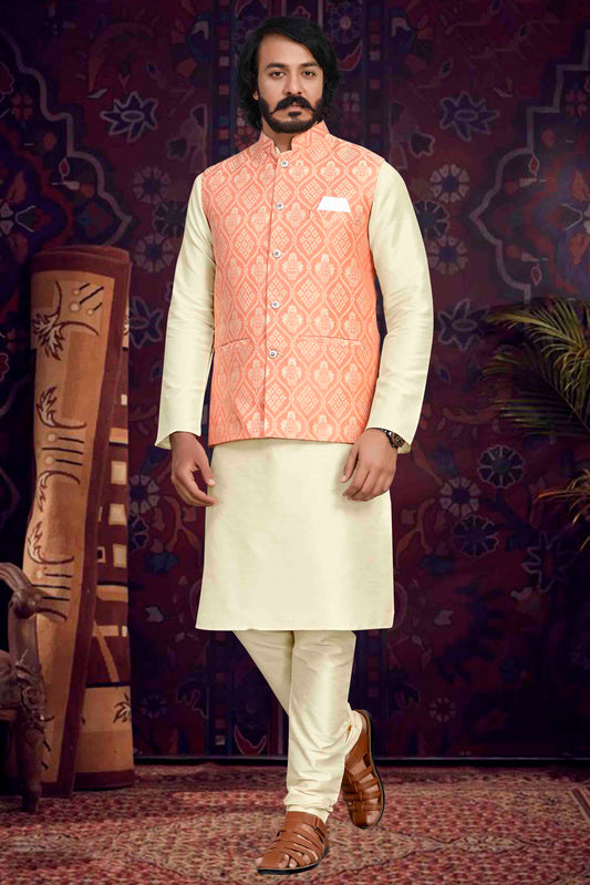 Cream Colour Kurta Pajama With Jacket In Art Silk VSKP1210494