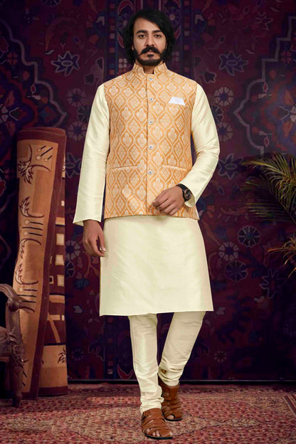 Cream Colour Kurta Pajama With Jacket In Art Silk VSKP1210495
