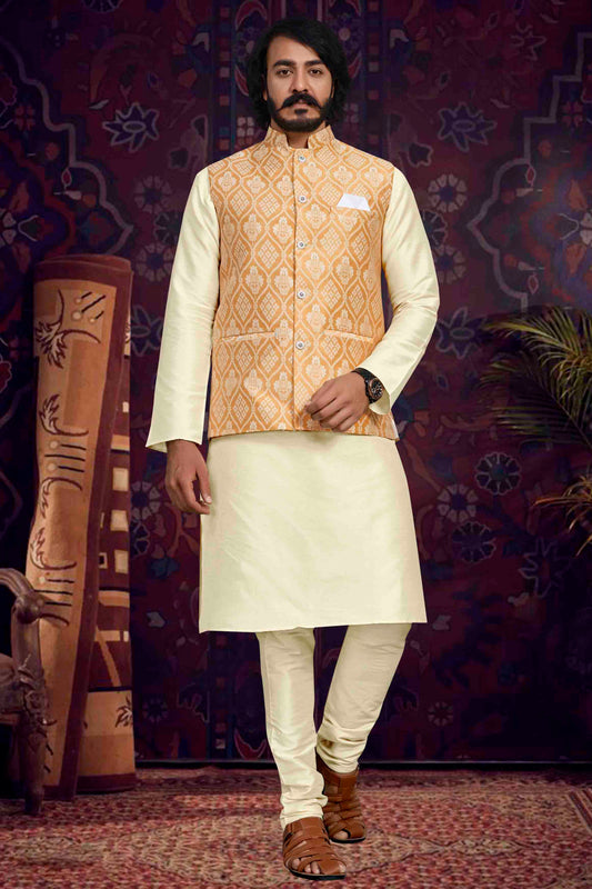 Cream Colour Kurta Pajama With Jacket In Art Silk VSKP1210495