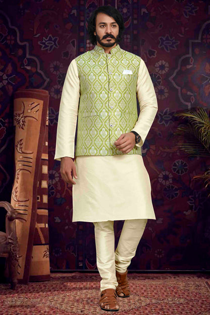 Cream Colour Kurta Pajama With Jacket In Art Silk VSKP1210496