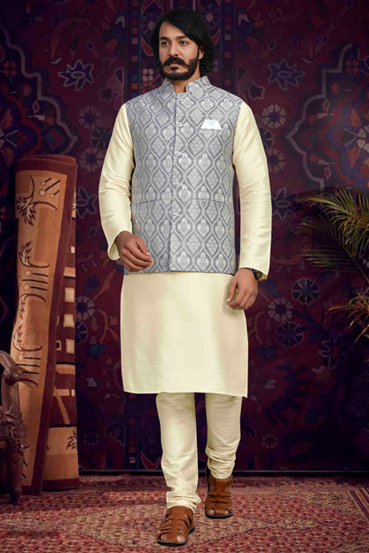 Cream Colour Kurta Pajama With Jacket In Art Silk VSKP1210497
