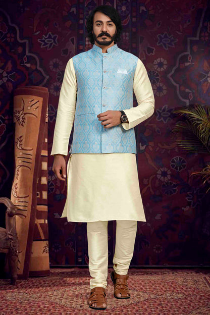 Cream Colour Kurta Pajama With Jacket In Art Silk VSKP1210498