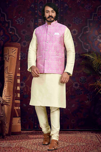 Cream Colour Kurta Pajama With Jacket In Art Silk VSKP1210499