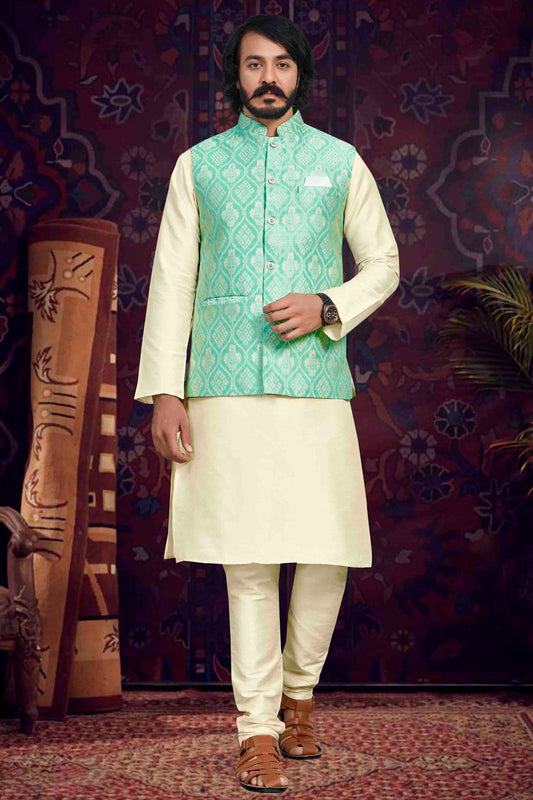 Cream Colour Kurta Pajama With Jacket In Art Silk VSKP1210501