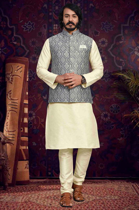 Cream Colour Kurta Pajama With Jacket In Art Silk VSKP1210502