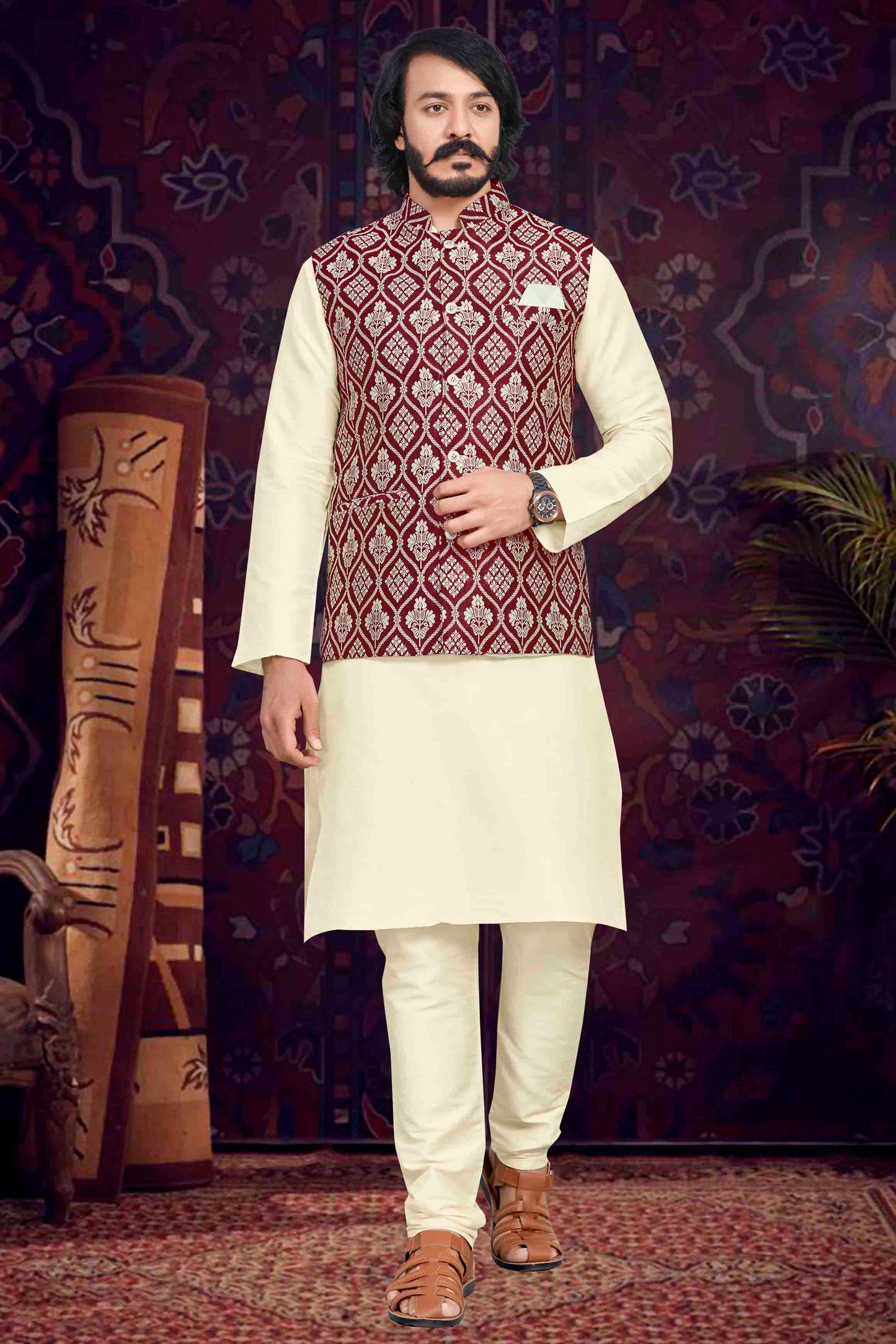 Cream Colour Kurta Pajama With Jacket In Art Silk VSKP1210504