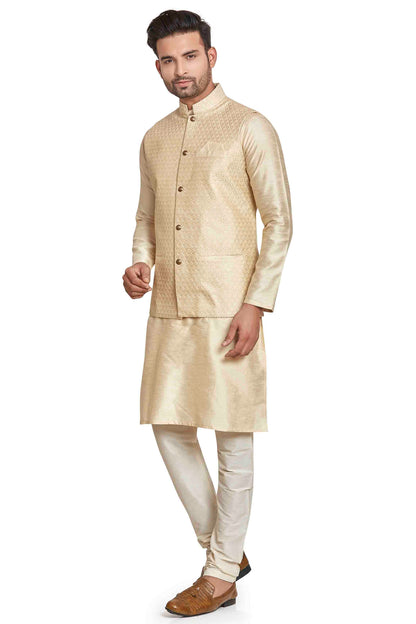 Cream Colour Kurta Pajama With Jacket In Silk VSKP1210447