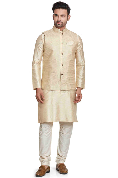 Cream Colour Kurta Pajama With Jacket In Silk VSKP1210447