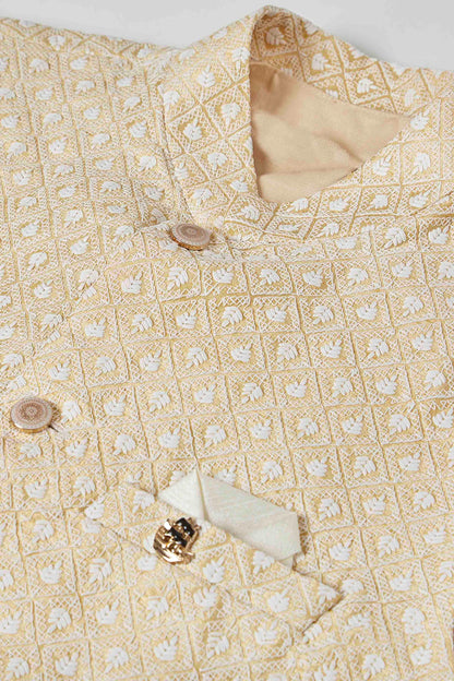Cream Colour Kurta Pajama With Jacket In Silk VSKP1210449
