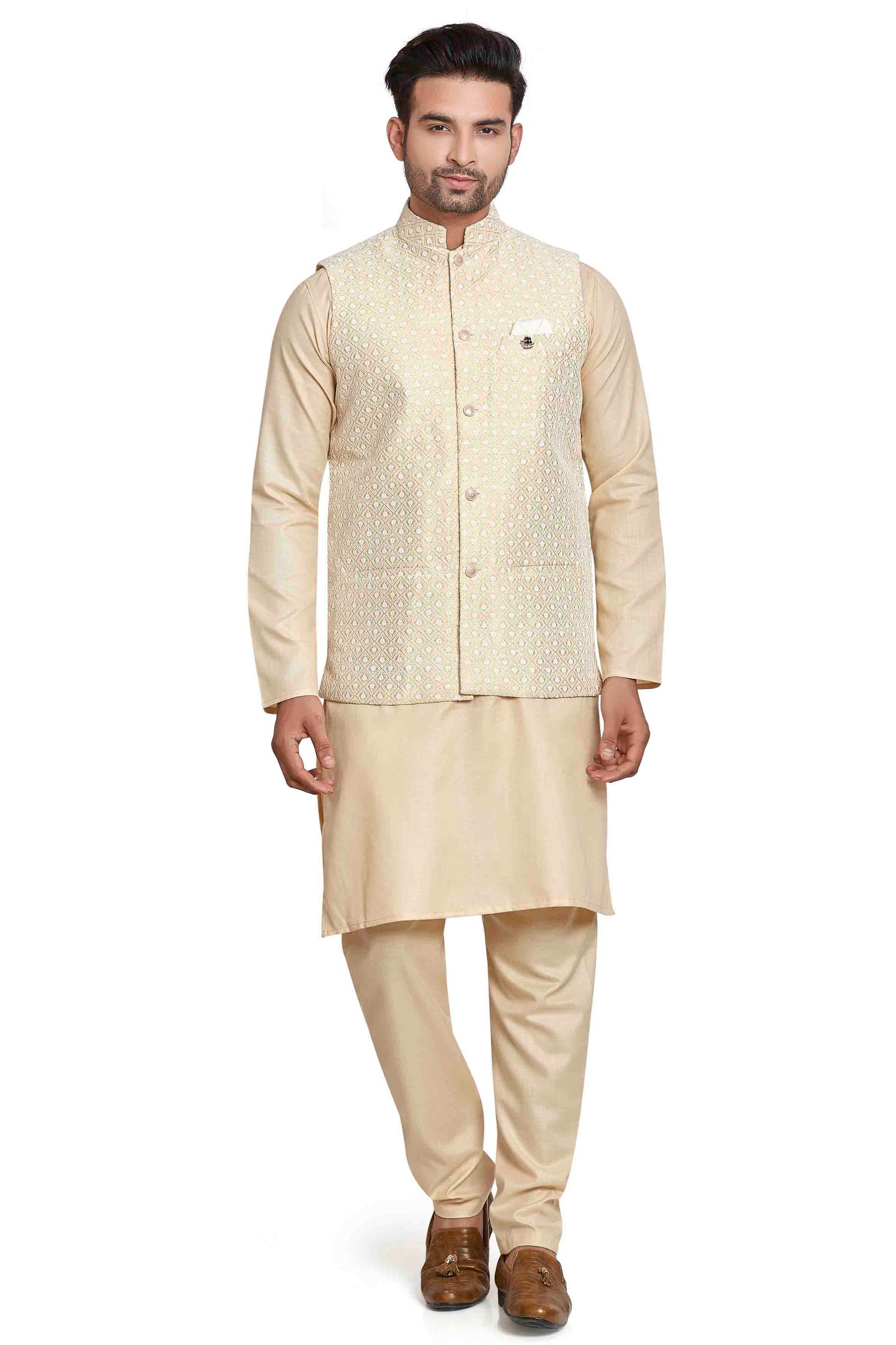 Cream Colour Kurta Pajama With Jacket In Silk VSKP1210449