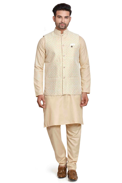 Cream Colour Kurta Pajama With Jacket In Silk VSKP1210449