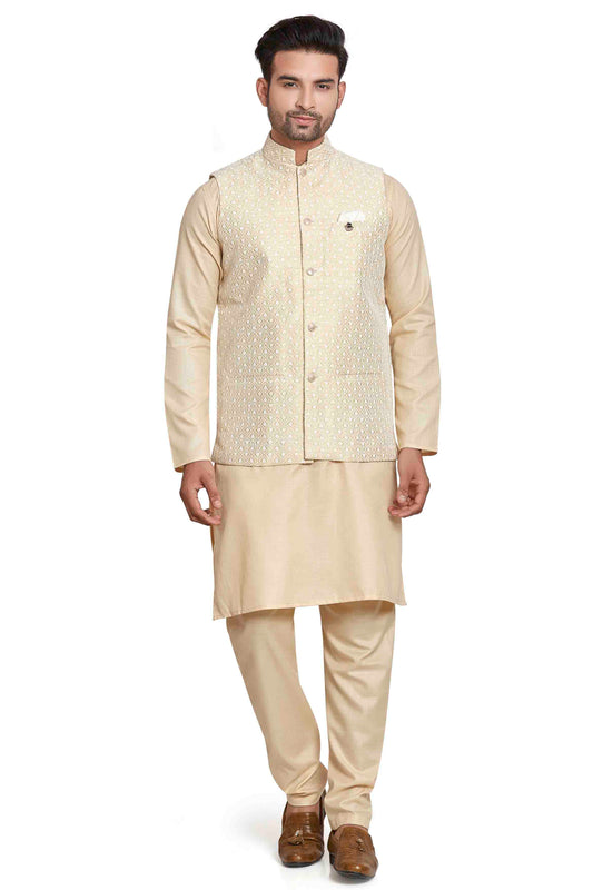 Cream Colour Kurta Pajama With Jacket In Silk VSKP1210449