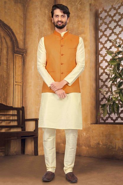 Cream Colour Kurta Pajama With Jacket In Silk VSKP1210450