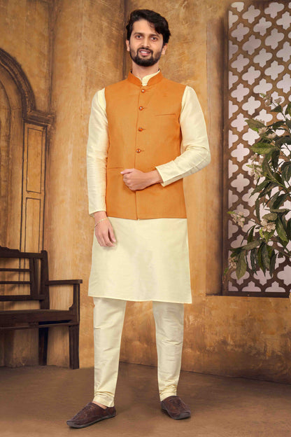 Cream Colour Kurta Pajama With Jacket In Silk VSKP1210450