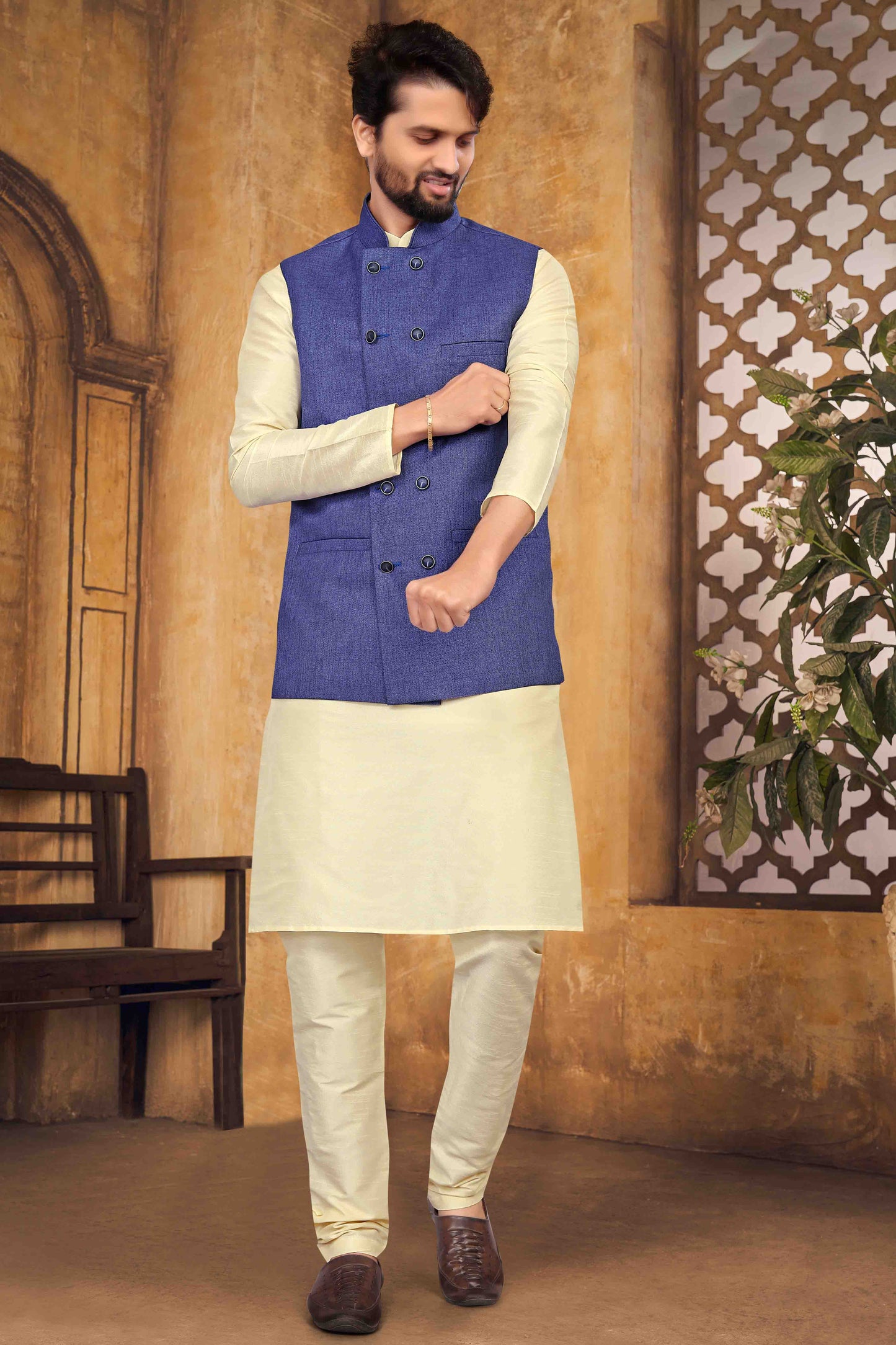 Cream Colour Kurta Pajama With Jacket In Silk VSKP1210451